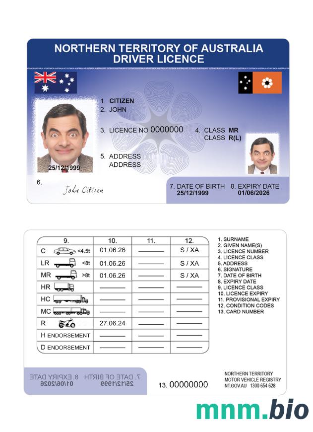 Szablon prawa jazdy Australia Northern Territory w formacie PSD, ze wszystkimi czcionkami